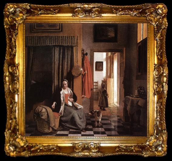 framed  HOOCH, Pieter de Mother Lacing Her Bodice beside a Cradle s, ta009-2